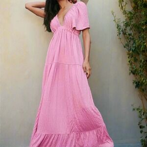 FP Beach Maxi Dress‎ Women's Size S Pink Flutter Sleeve Deep V Neck Tiered Boho